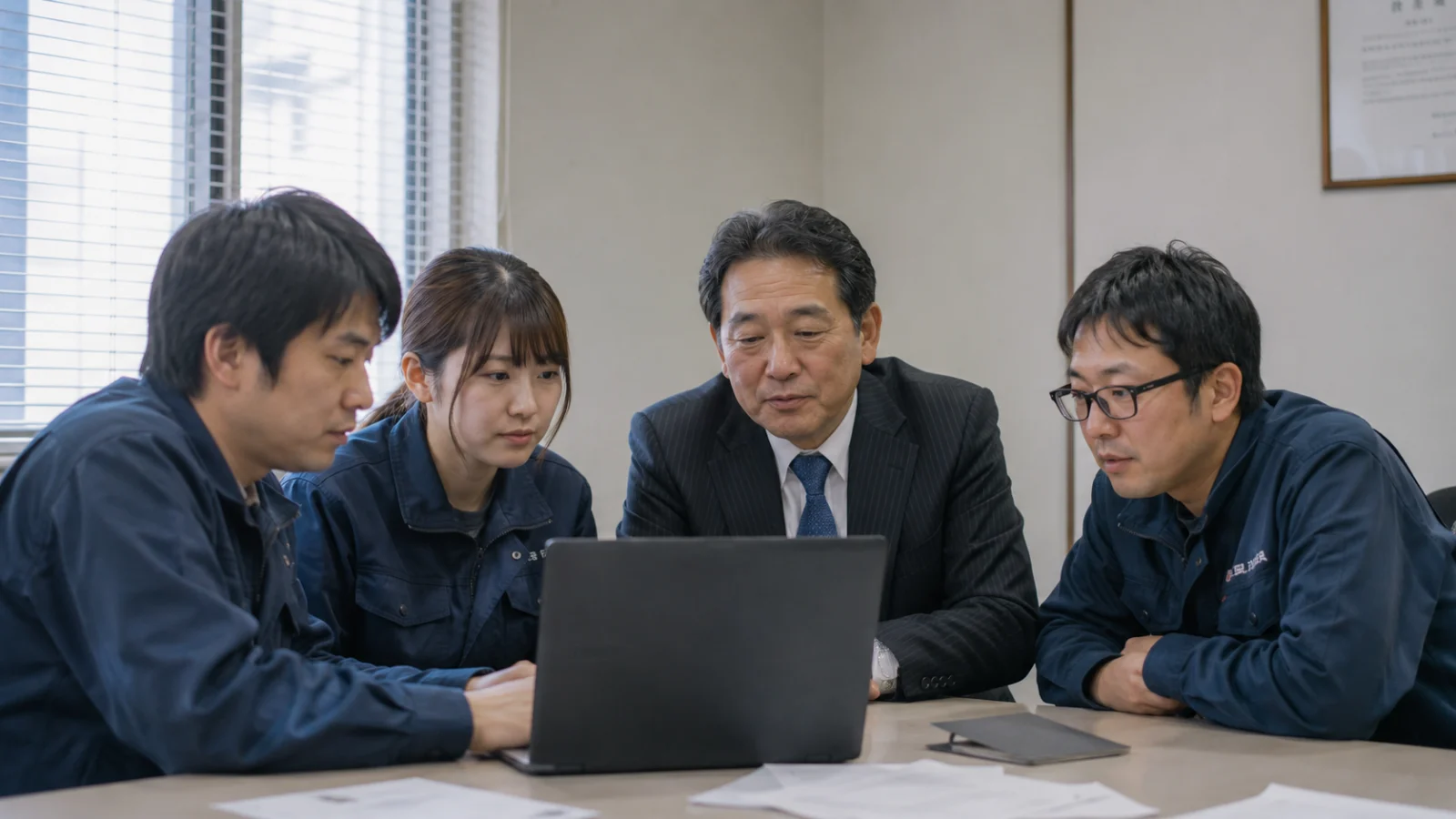 経営者と現場の社員がAIの画面を一緒に確認している様子