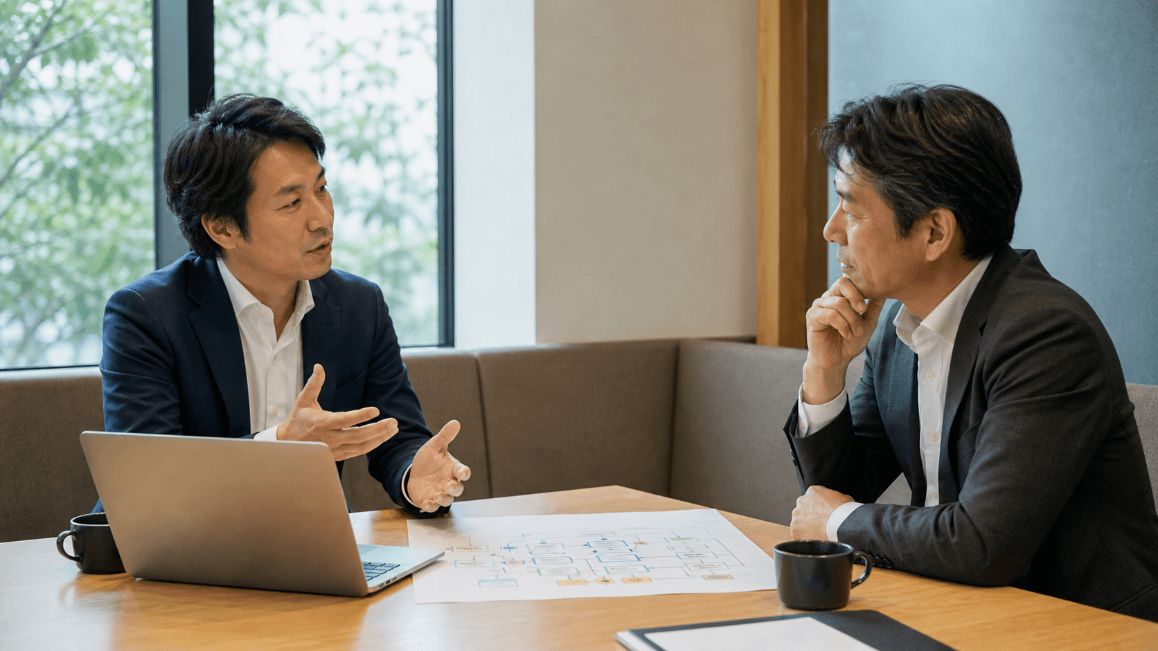 業務フローを見ながらAI研修の相談を行う企業担当者