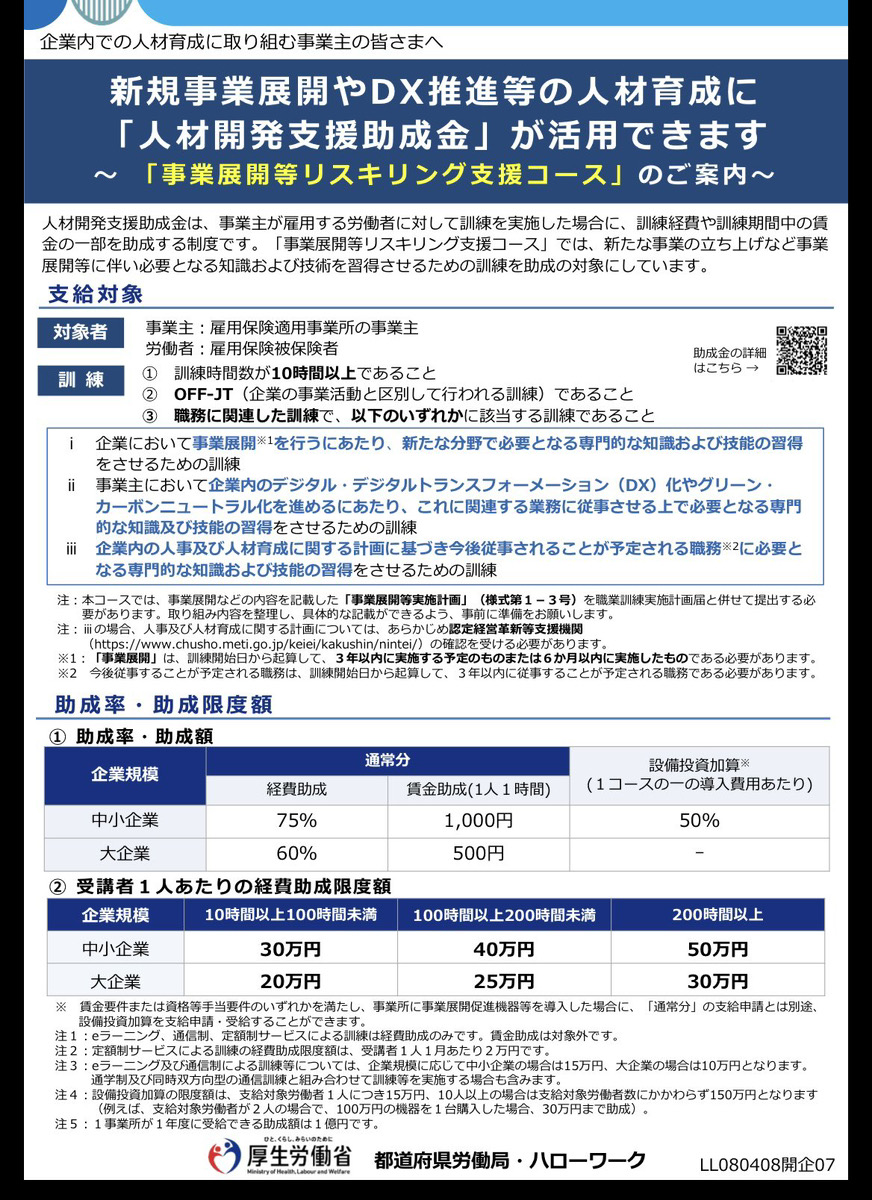 厚生労働省 事業展開等リスキリング支援コースの対象と助成率を説明する2026年度リーフレット